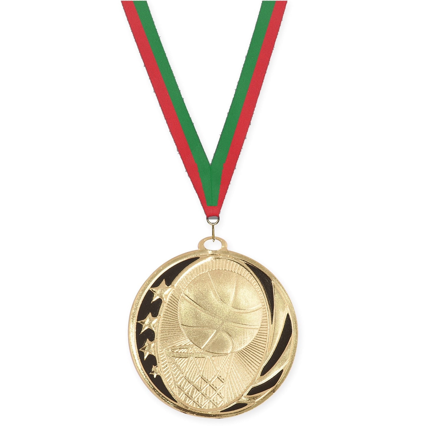 2 inch basketball MidNite Star medal in bright gold with Red Green neck ribbon