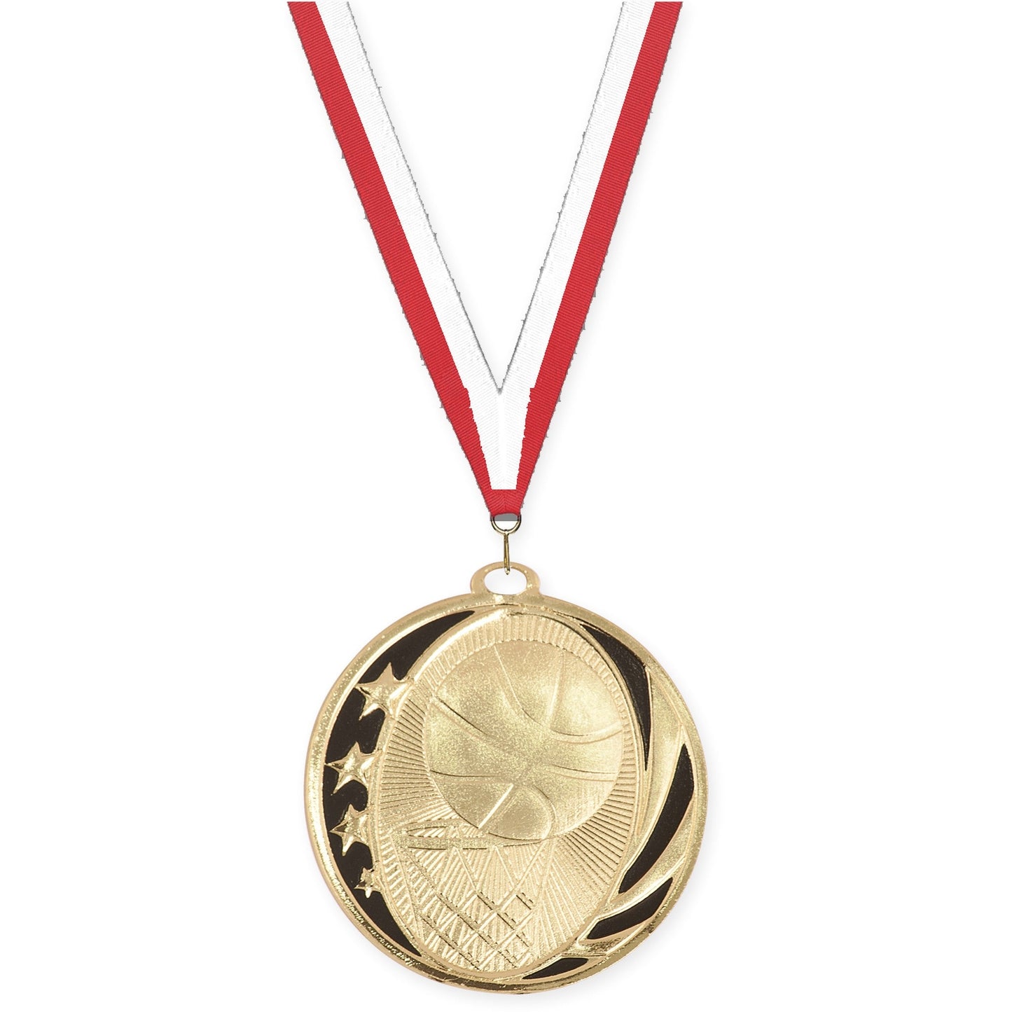 2 inch basketball MidNite Star medal in bright gold with Red White neck ribbon