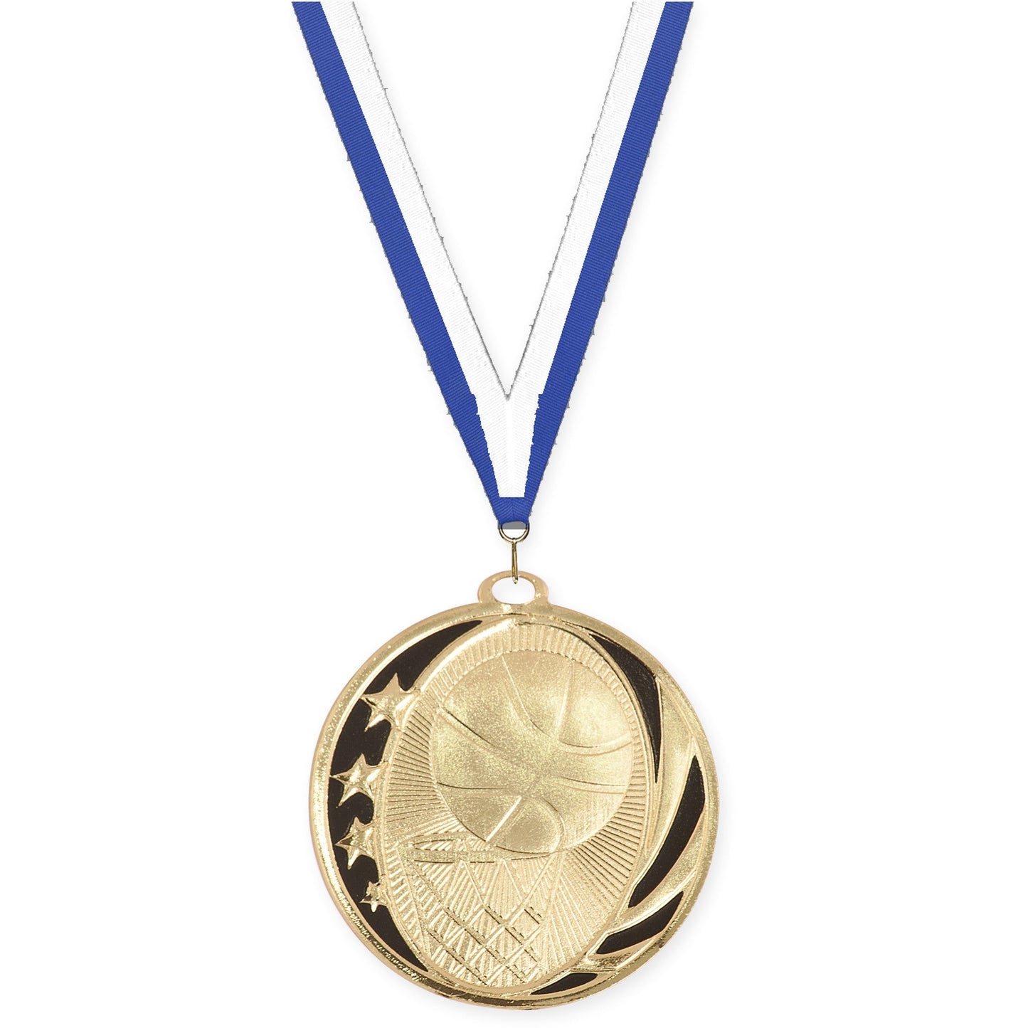 2 inch basketball MidNite Star medal in bright gold with Blue White neck ribbon