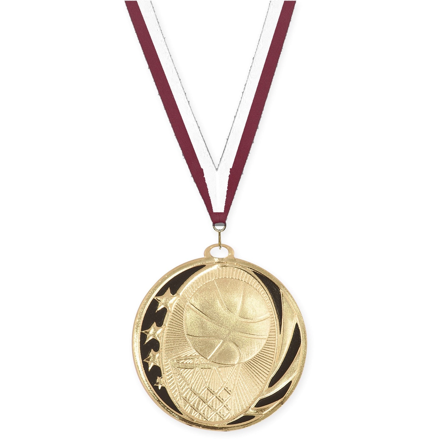 2 inch basketball MidNite Star medal in bright gold with Maroon White neck ribbon