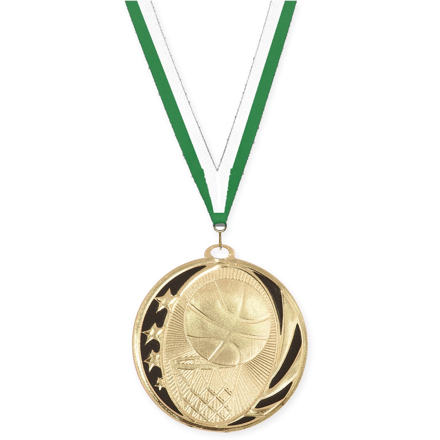 2 inch basketball MidNite Star medal in bright gold with Green White neck ribbon