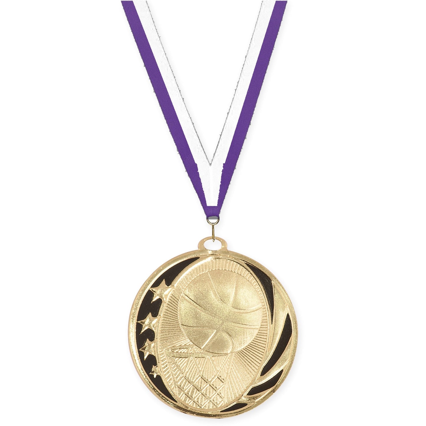 2 inch basketball MidNite Star medal in bright gold with Purple White neck ribbon