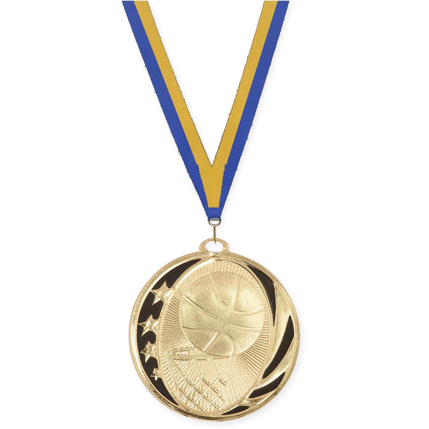 2 inch basketball MidNite Star medal in bright gold with Blue Gold neck ribbon