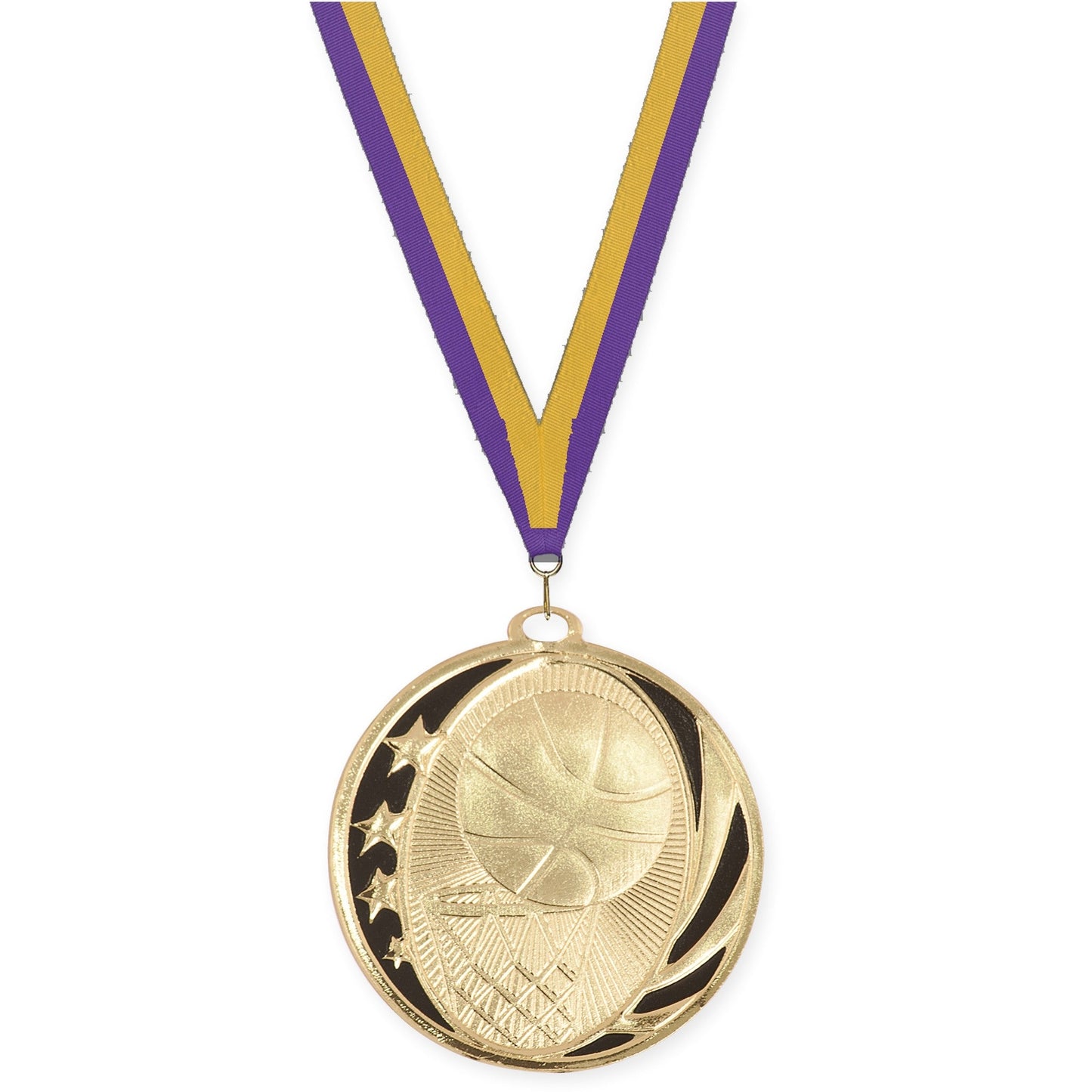 2 inch basketball MidNite Star medal in bright gold with Purple Gold neck ribbon