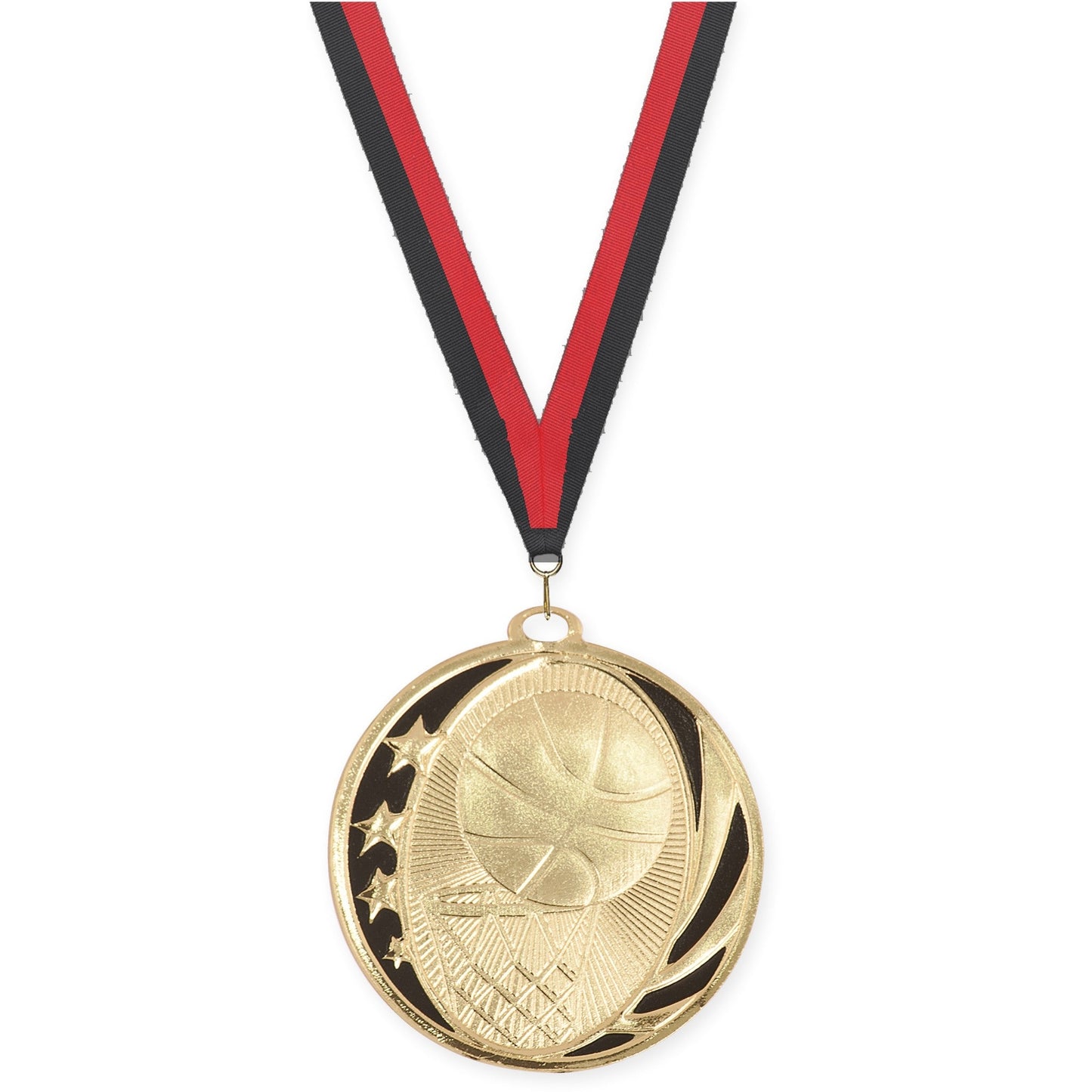 2 inch basketball MidNite Star medal in bright gold with Black Red neck ribbon