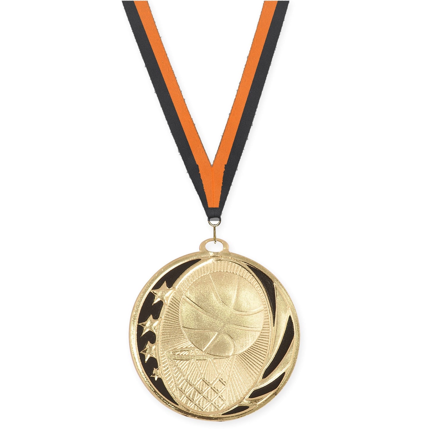 2 inch basketball MidNite Star medal in bright gold with Black Orange neck ribbon