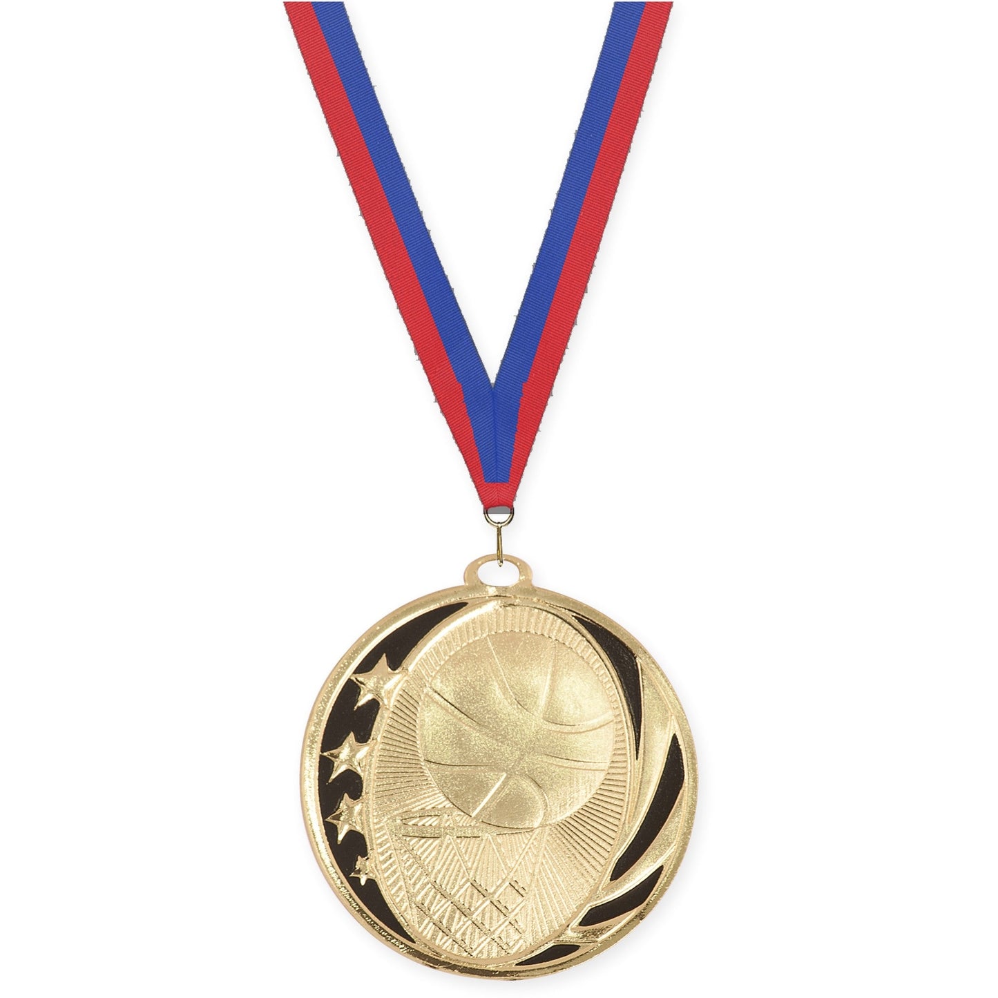 2 inch basketball MidNite Star medal in bright gold with Blue Red neck ribbon