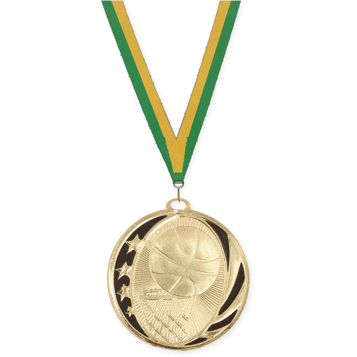 2 inch basketball MidNite Star medal in bright gold with Green Gold neck ribbon