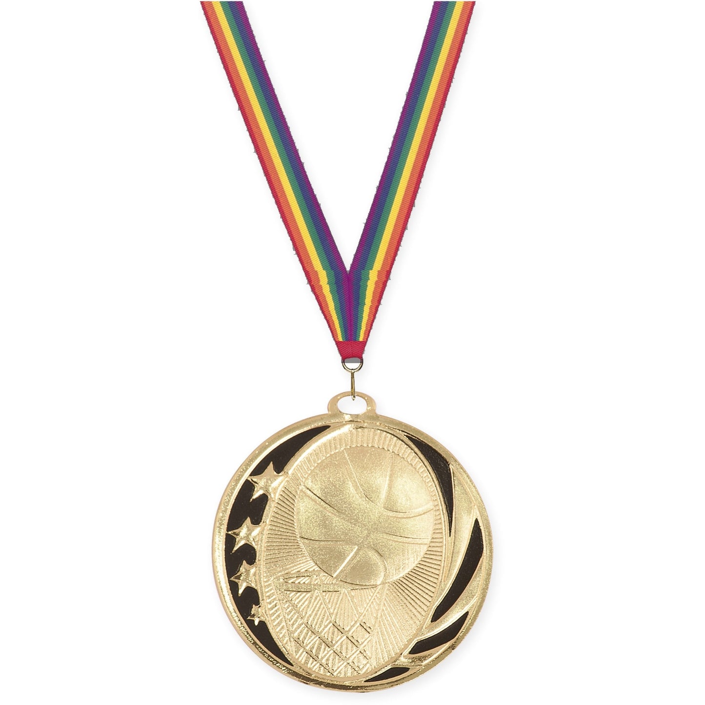 2 inch basketball MidNite Star medal in bright gold with Rainbow neck ribbon