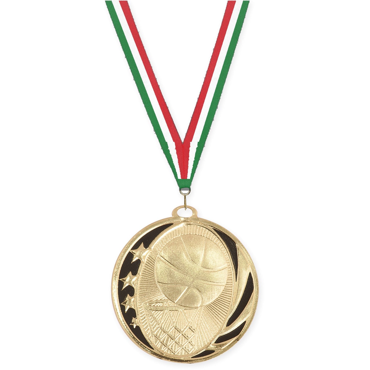 2 inch basketball MidNite Star medal in bright gold with Green White Red neck ribbon