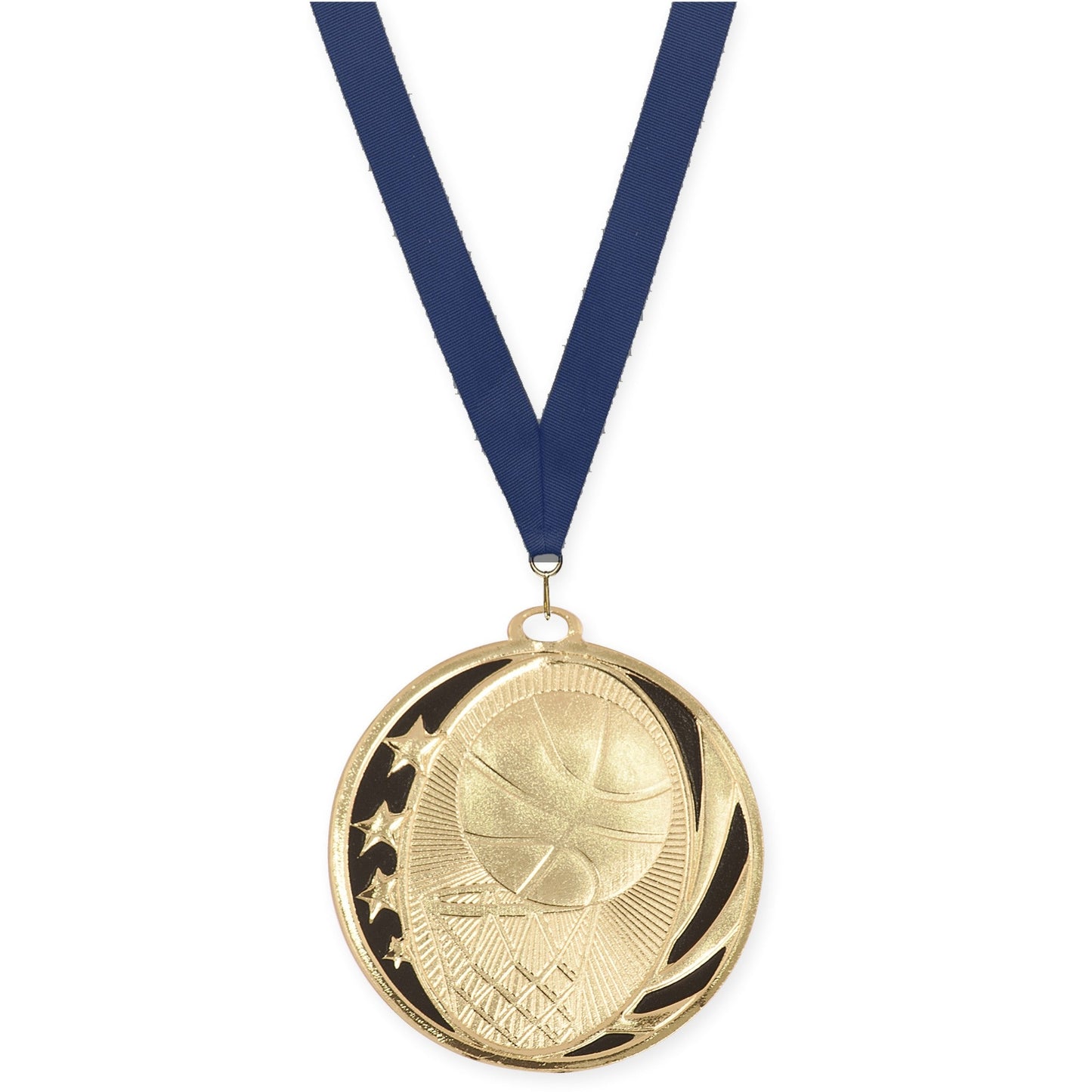 2 inch basketball MidNite Star medal in bright gold with Navy neck ribbon