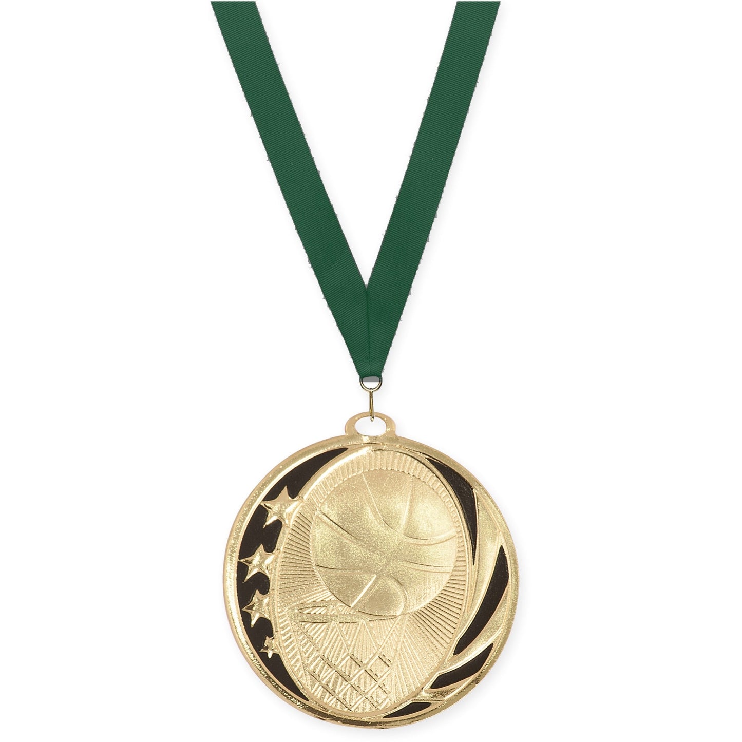 2 inch basketball MidNite Star medal in bright gold with Hunter Green neck ribbon