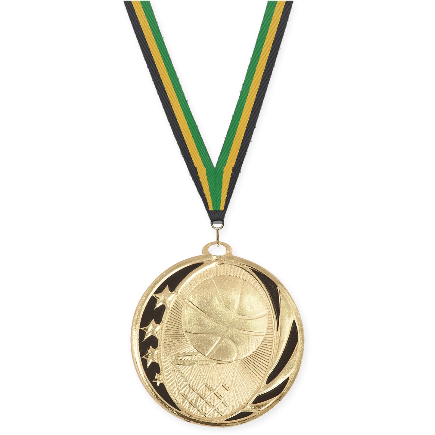2 inch basketball MidNite Star medal in bright gold with Black Gold Green neck ribbon