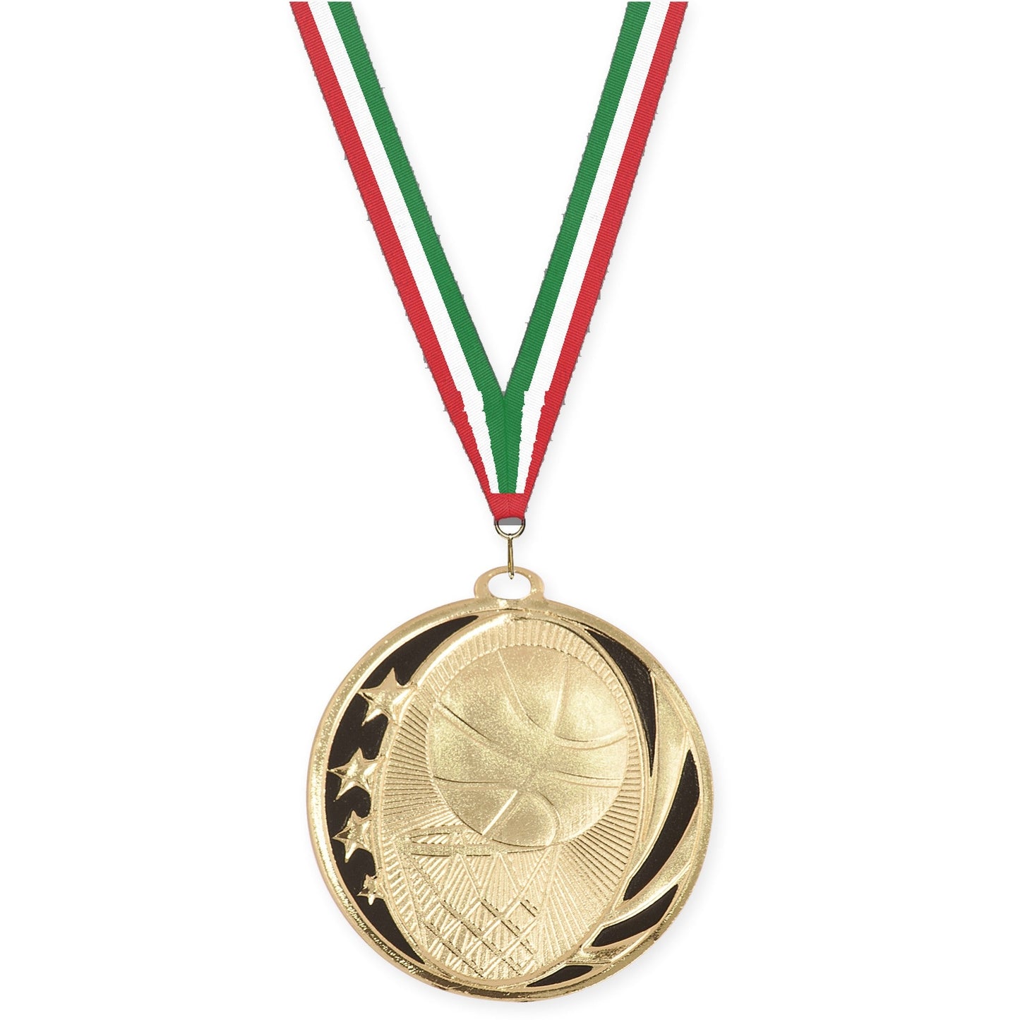 2 inch basketball MidNite Star medal in bright gold with Red White Green neck ribbon
