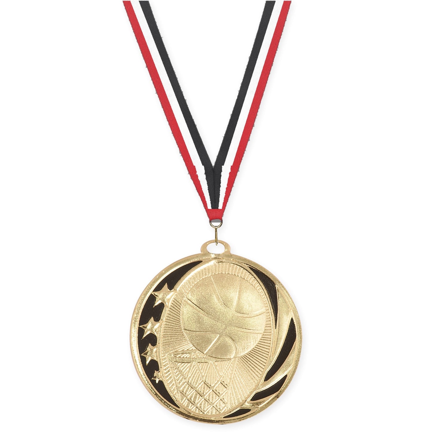 2 inch basketball MidNite Star medal in bright gold with Red White Black neck ribbon