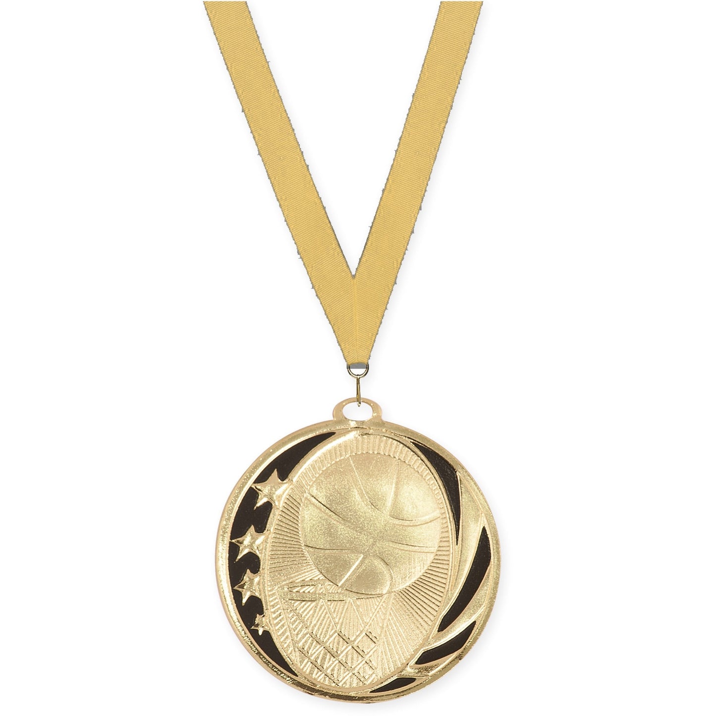 2 inch basketball MidNite Star medal in bright gold with Gold Metallic neck ribbon