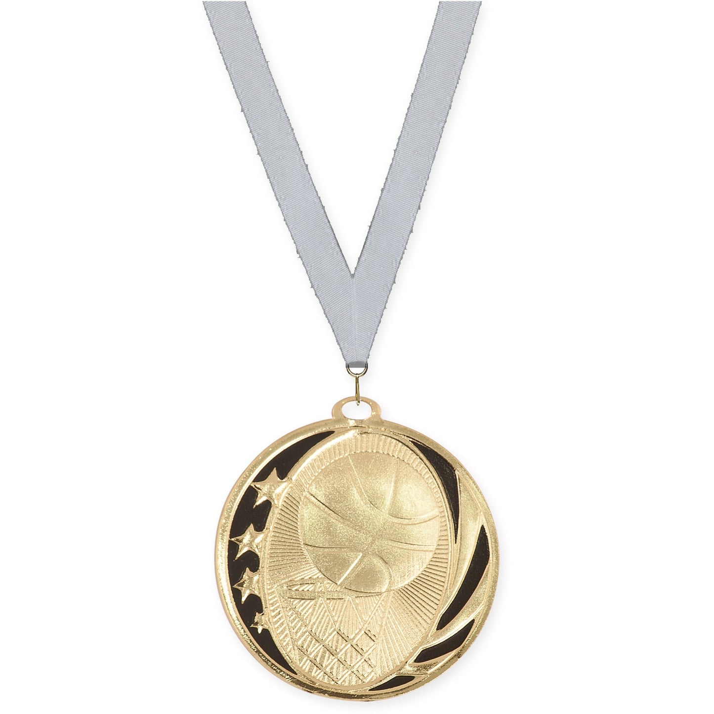 2 inch basketball MidNite Star medal in bright gold with Silver Metallic neck ribbon