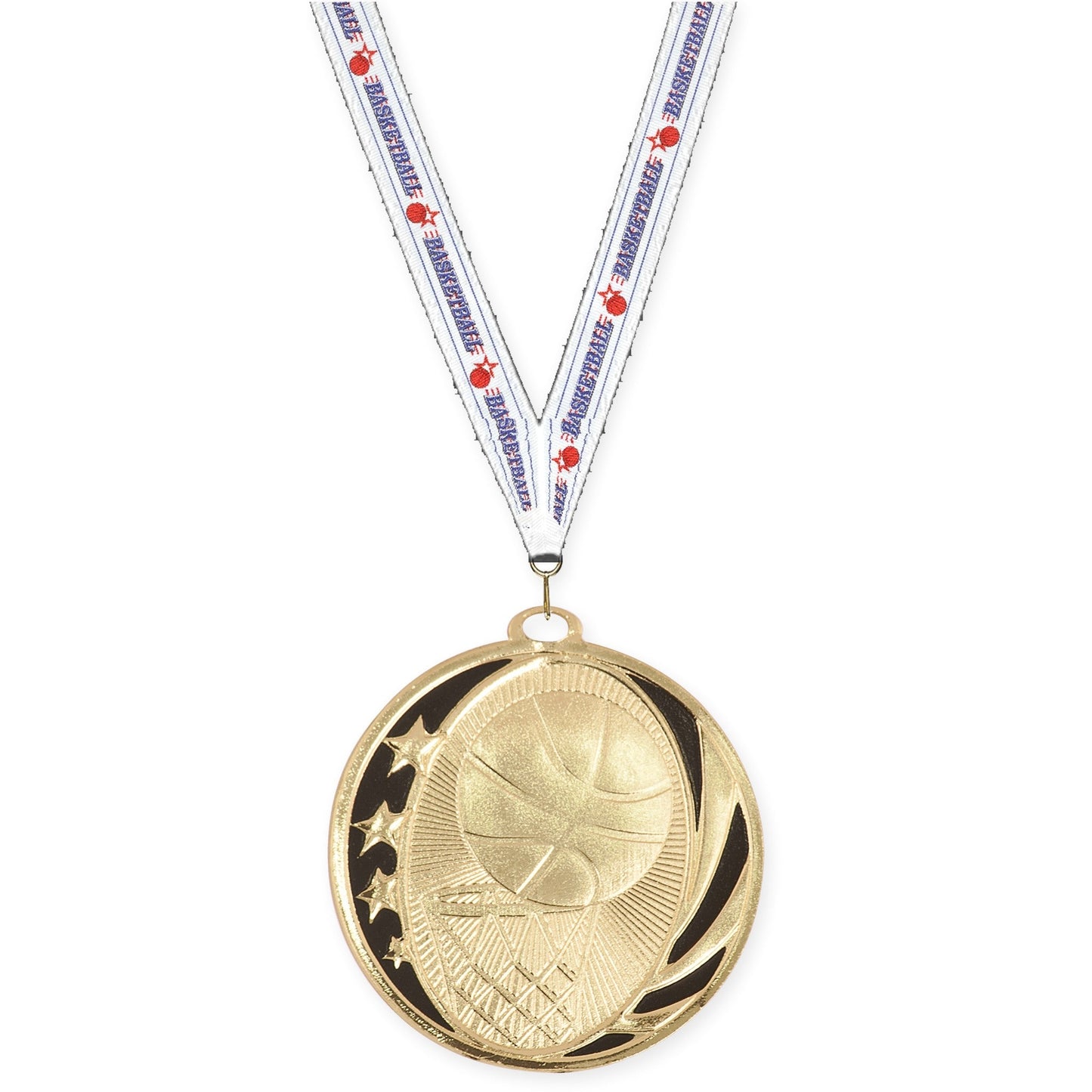 2 inch basketball MidNite Star medal in bright gold with Basketball neck ribbon