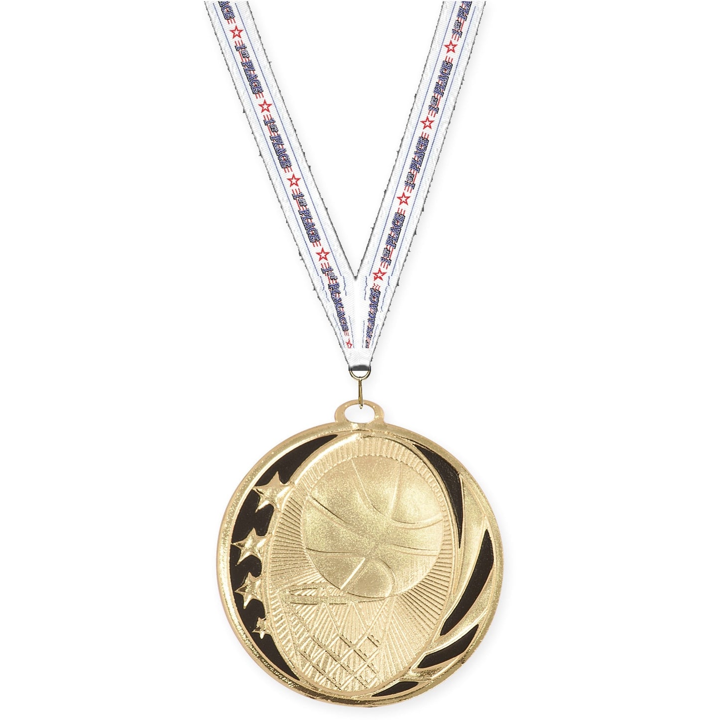 2 inch basketball MidNite Star medal in bright gold with 1st Place neck ribbon