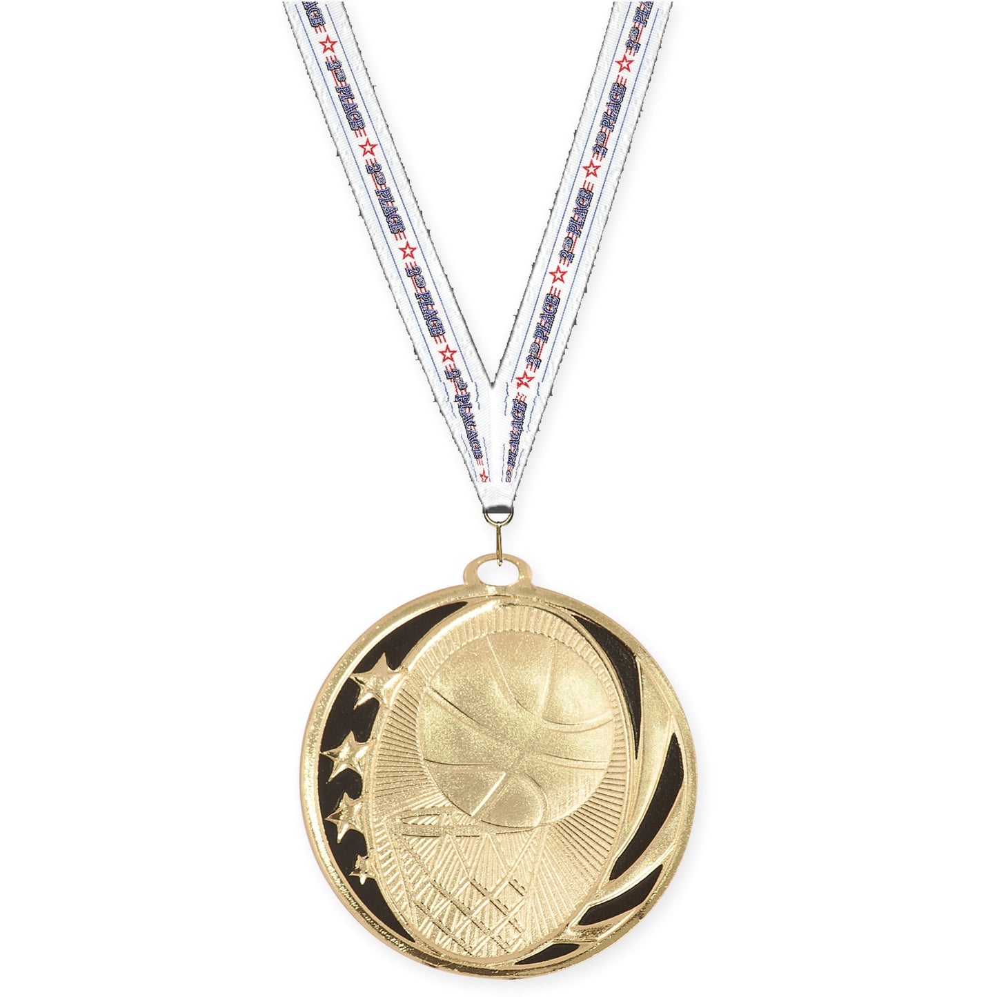 2 inch basketball MidNite Star medal in bright gold with 2nd Place neck ribbon
