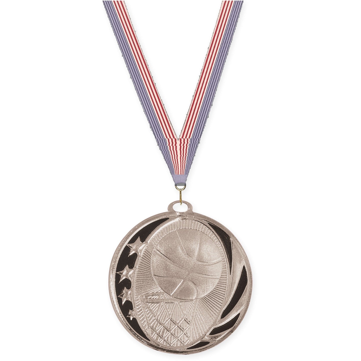 2 inch basketball MidNite Star medal in bright silver with USA Flag neck ribbon