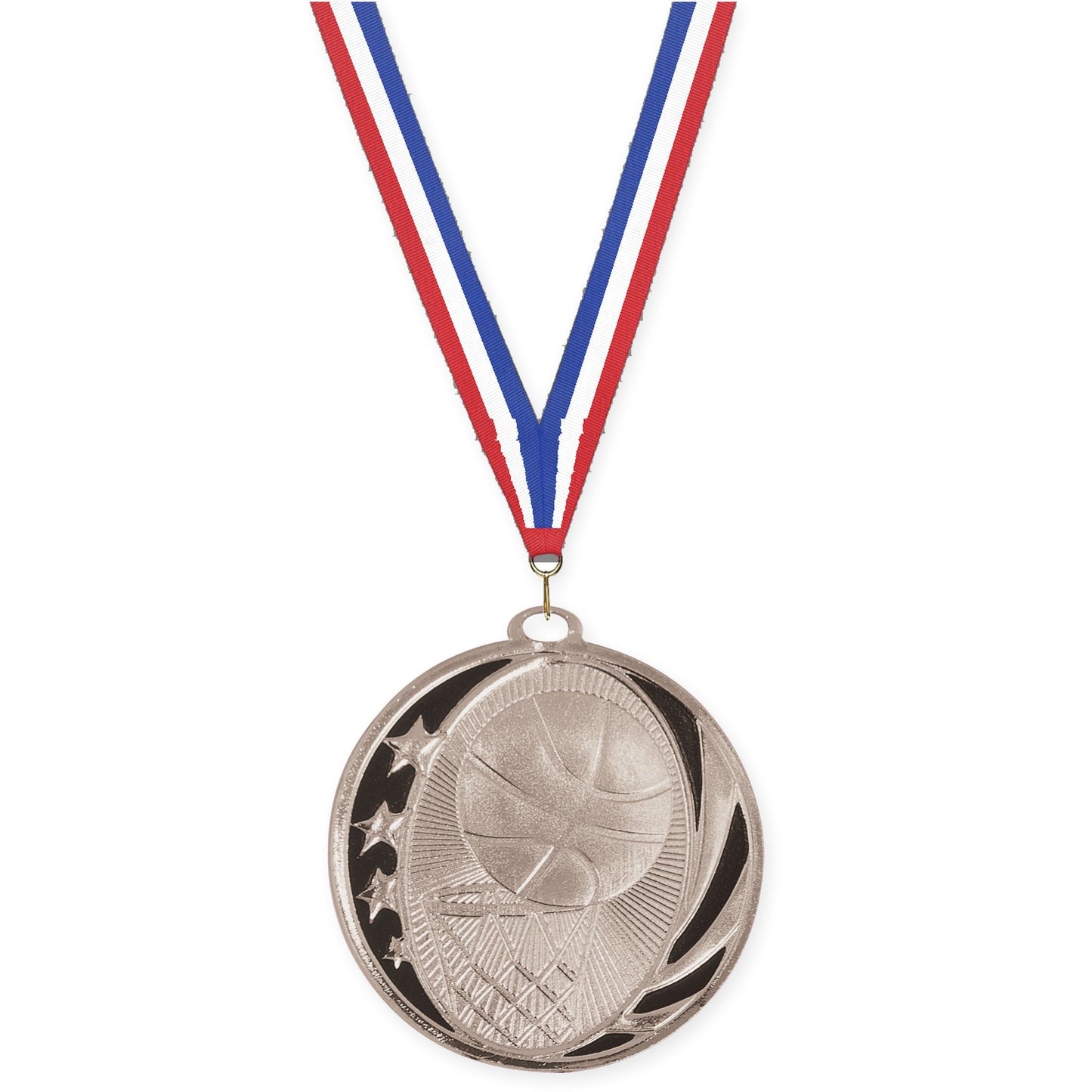 2 inch basketball MidNite Star medal in bright silver with Red White Blue neck ribbon