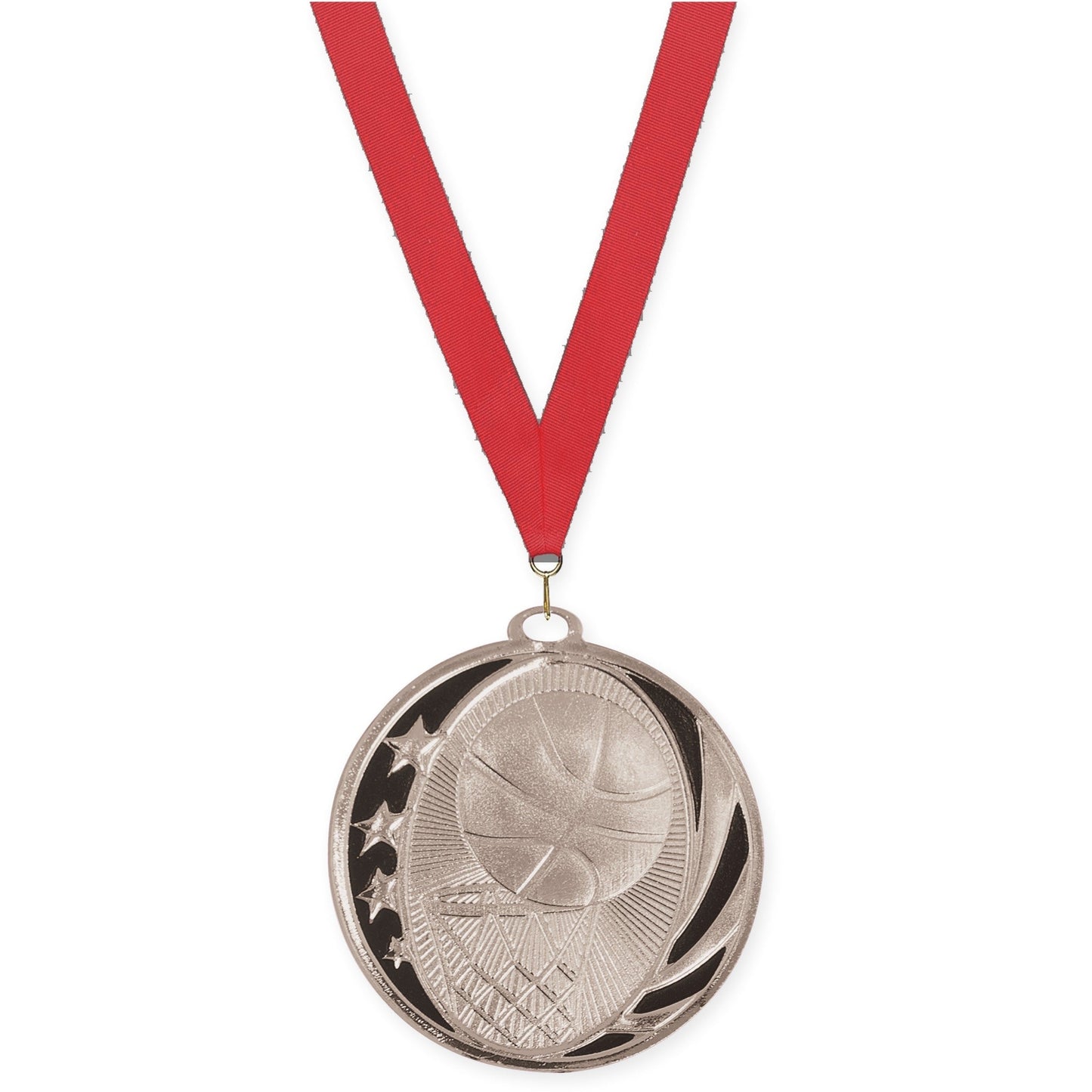 2 inch basketball MidNite Star medal in bright silver with Red neck ribbon