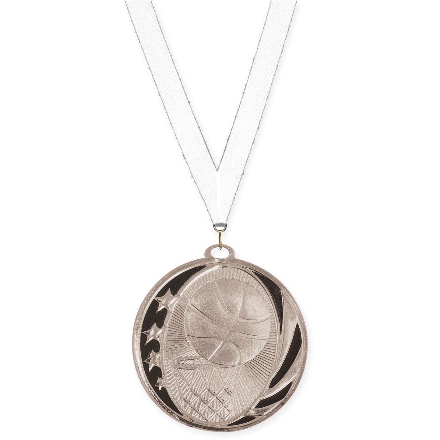 2 inch basketball MidNite Star medal in bright silver with White neck ribbon