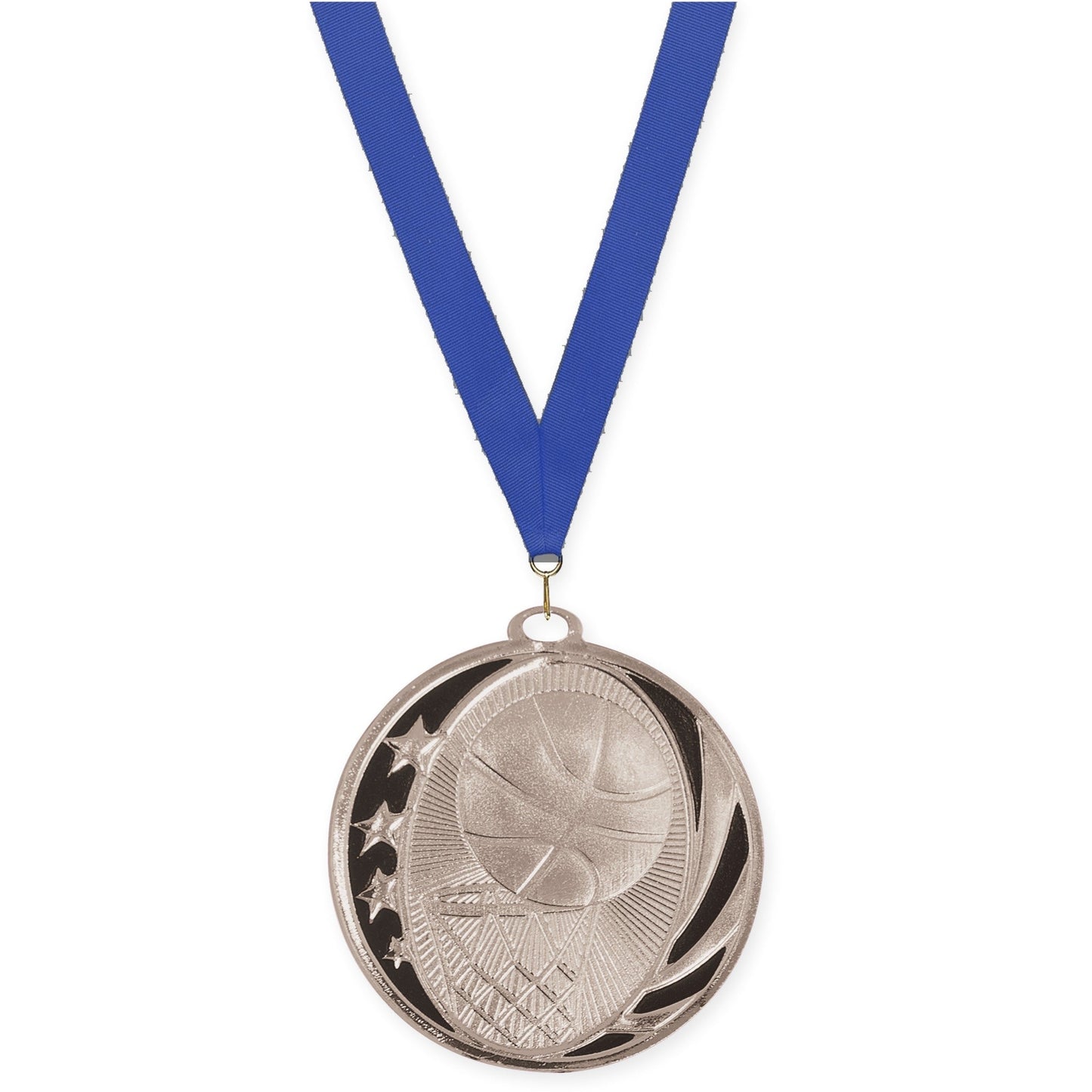 2 inch basketball MidNite Star medal in bright silver with Blue neck ribbon