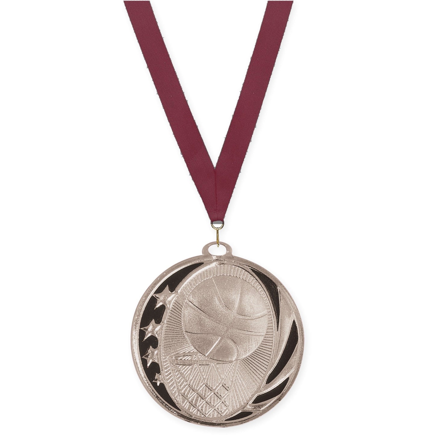2 inch basketball MidNite Star medal in bright silver with Maroon neck ribbon