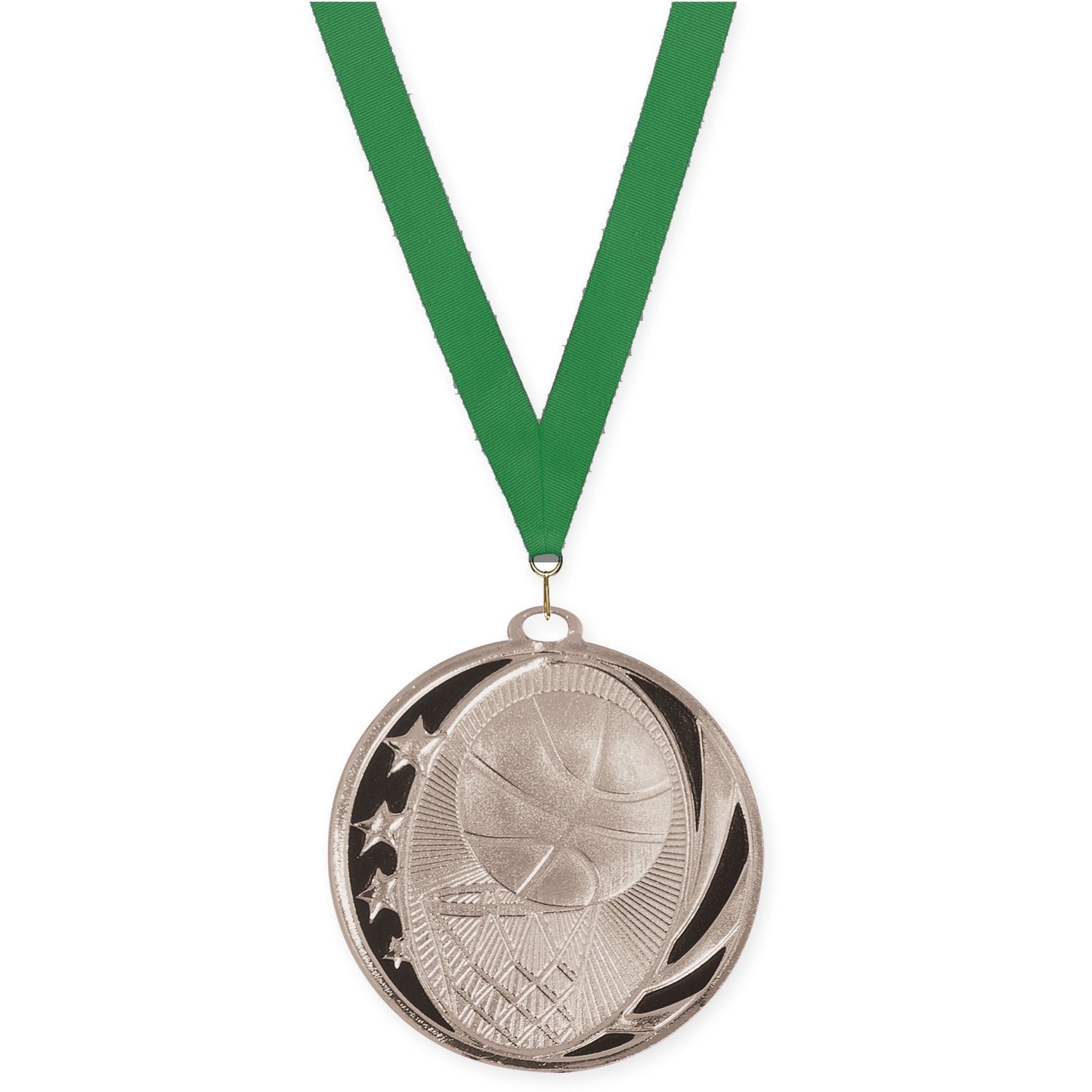 2 inch basketball MidNite Star medal in bright silver with Green neck ribbon
