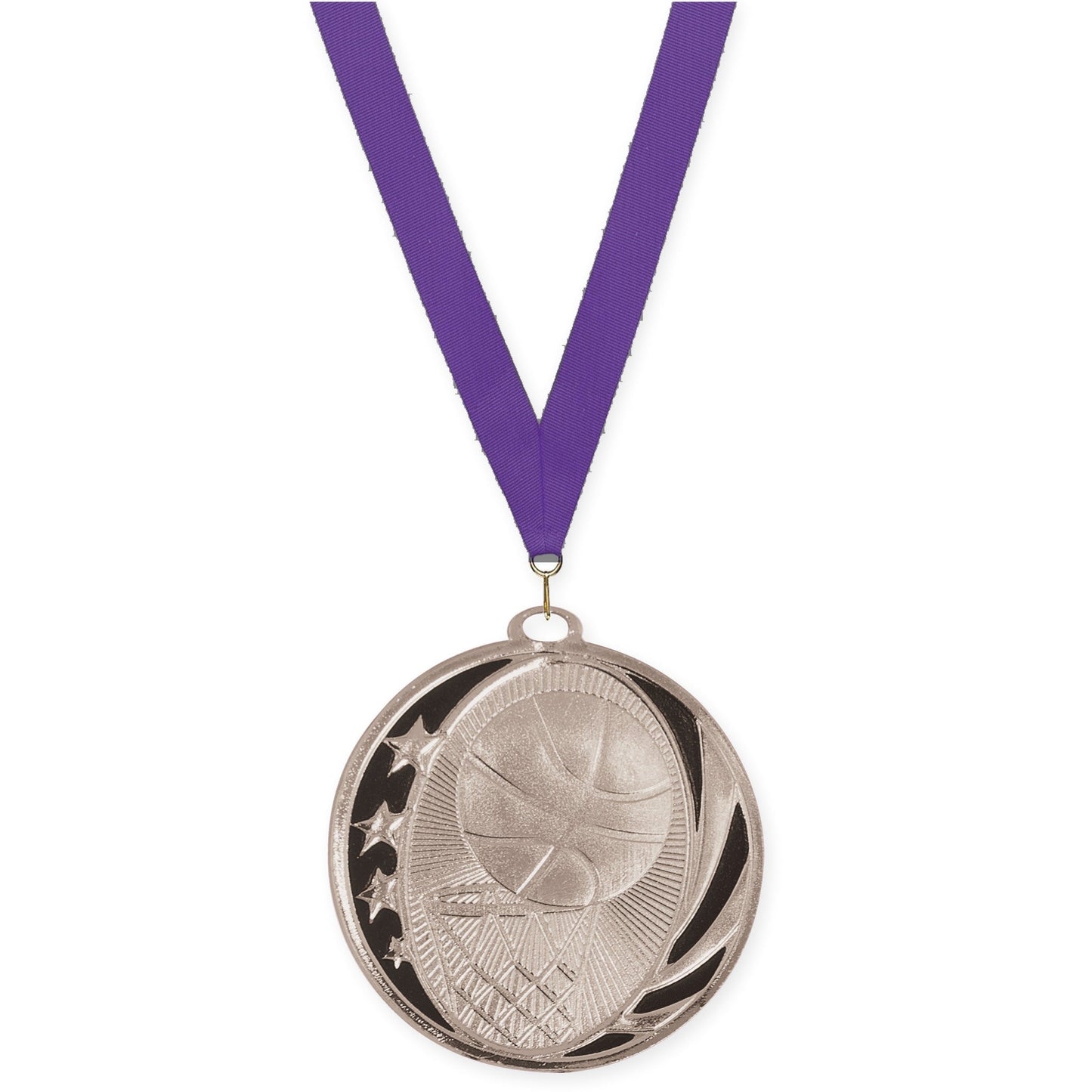 2 inch basketball MidNite Star medal in bright silver with Purple neck ribbon