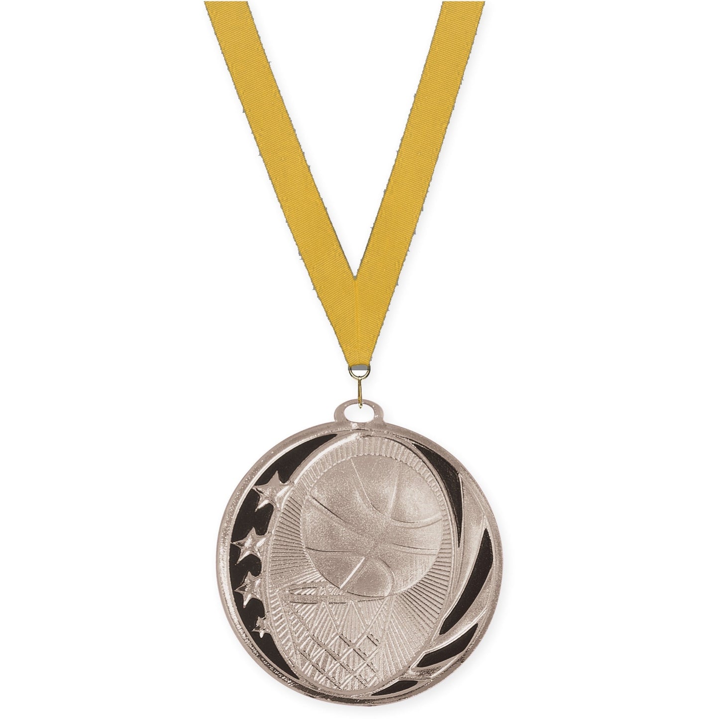 2 inch basketball MidNite Star medal in bright silver with Gold neck ribbon
