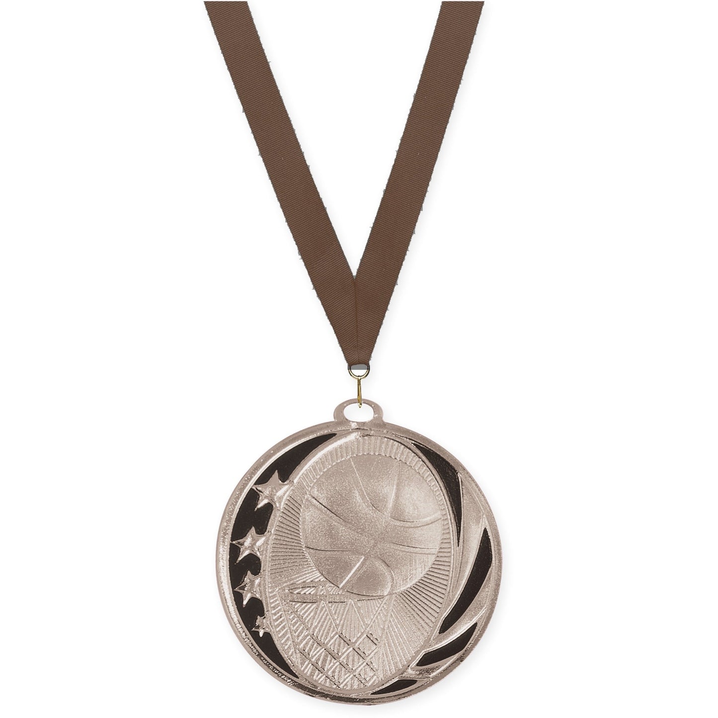 2 inch basketball MidNite Star medal in bright silver with Brown neck ribbon