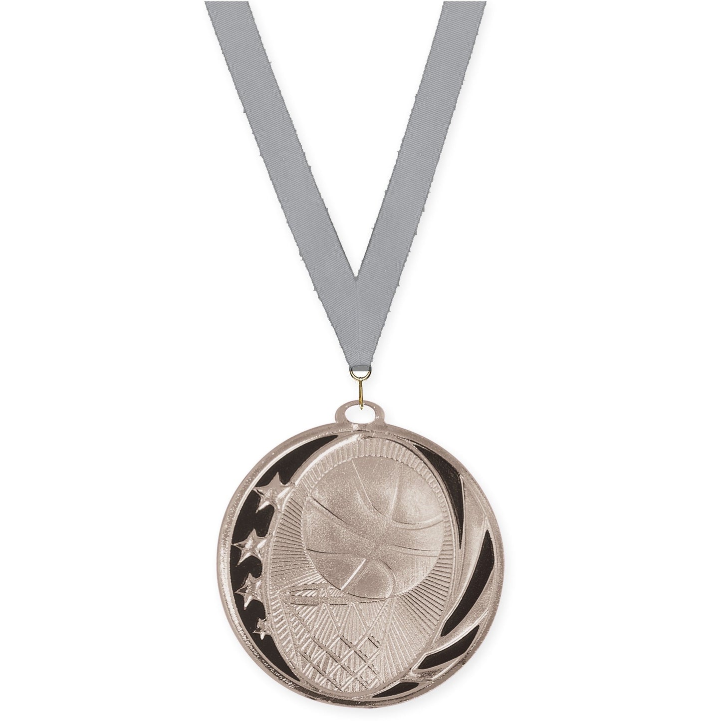 2 inch basketball MidNite Star medal in bright silver with Gray neck ribbon