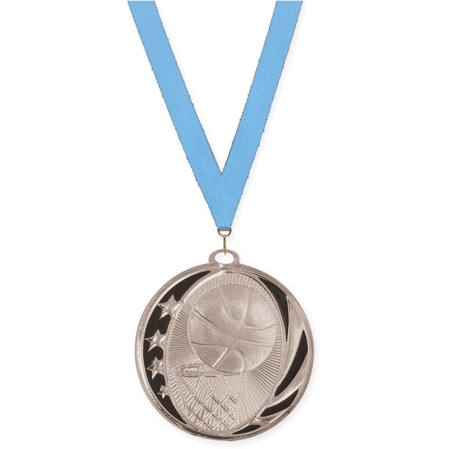 2 inch basketball MidNite Star medal in bright silver with Light Blue neck ribbon