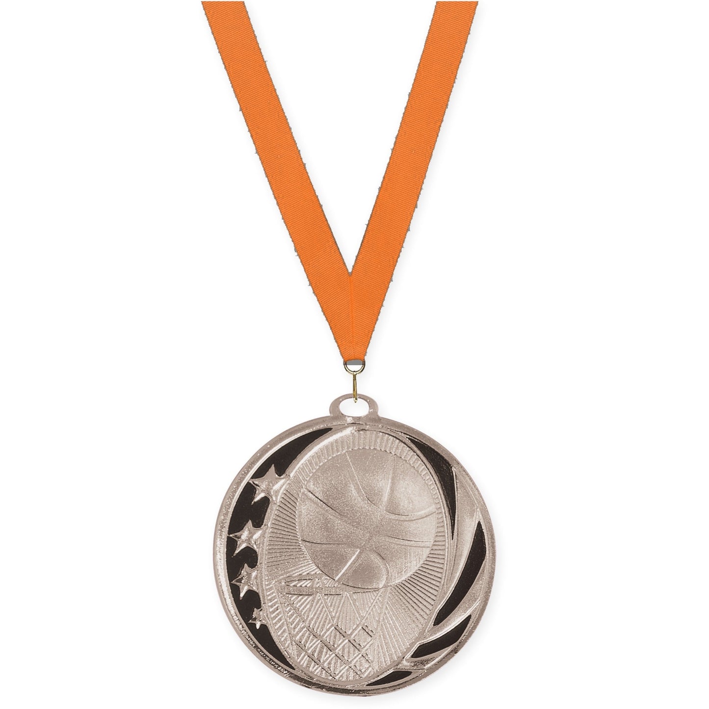 2 inch basketball MidNite Star medal in bright silver with Orange neck ribbon