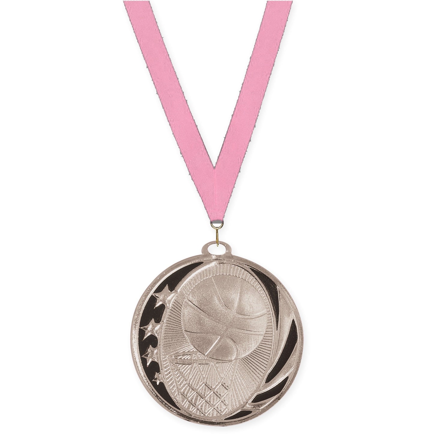 2 inch basketball MidNite Star medal in bright silver with Pink neck ribbon