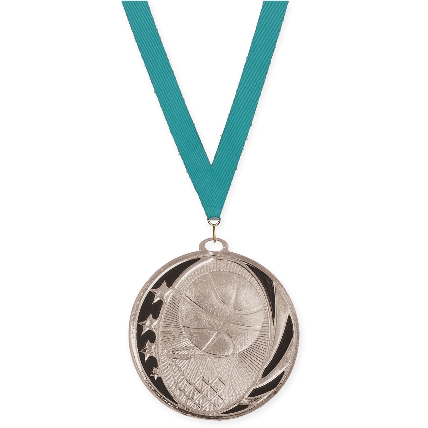 2 inch basketball MidNite Star medal in bright silver with Teal neck ribbon