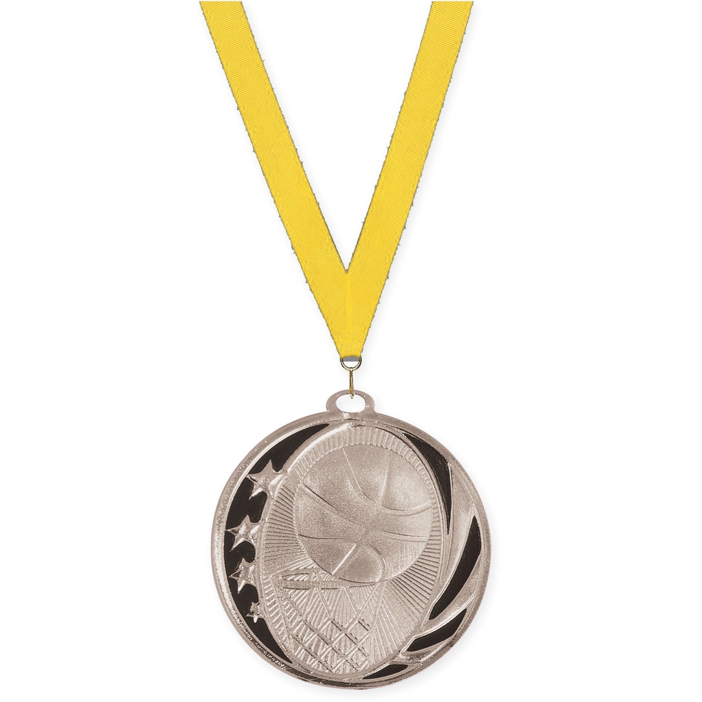 2 inch basketball MidNite Star medal in bright silver with Yellow neck ribbon