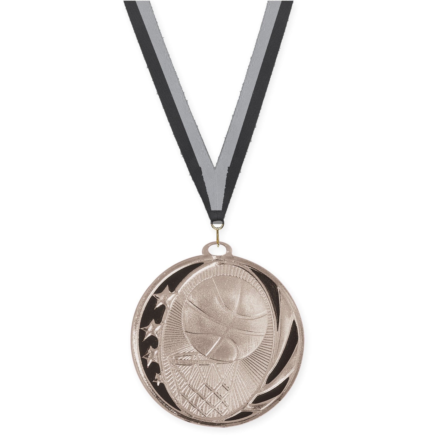 2 inch basketball MidNite Star medal in bright silver with Black Gray neck ribbon