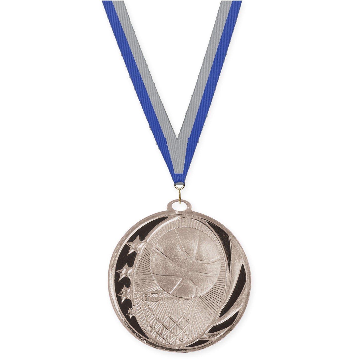 2 inch basketball MidNite Star medal in bright silver with Blue Gray neck ribbon