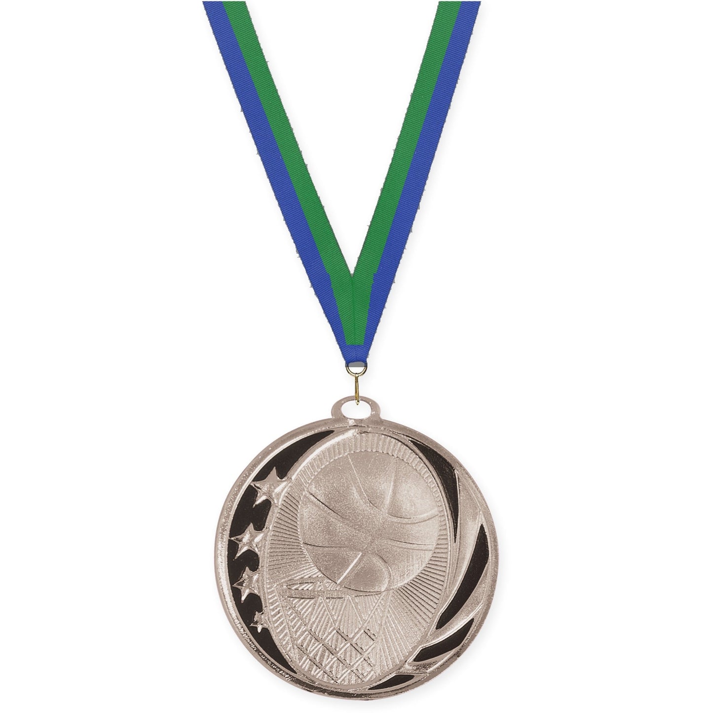 2 inch basketball MidNite Star medal in bright silver with Blue Green neck ribbon