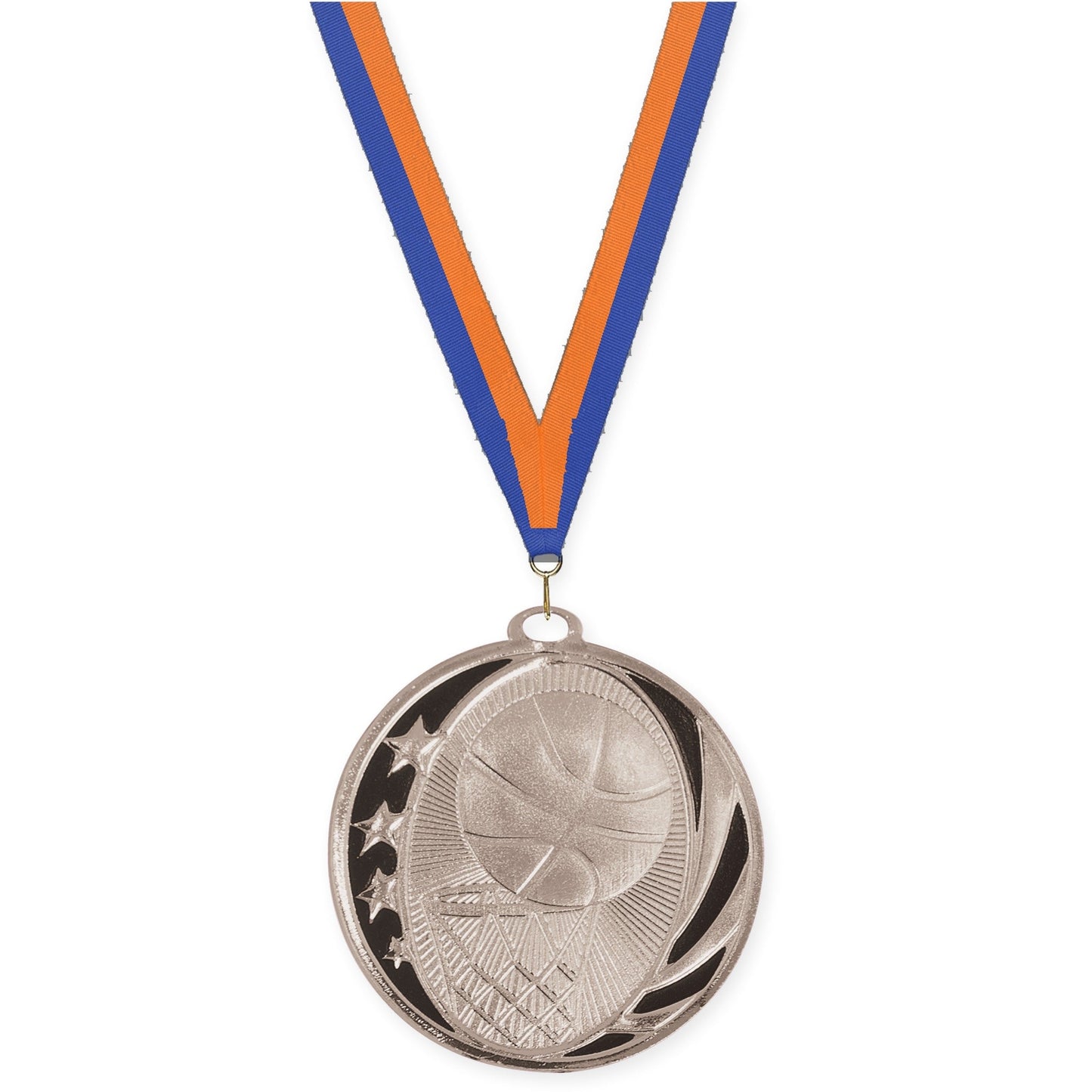 2 inch basketball MidNite Star medal in bright silver with Blue Orange neck ribbon