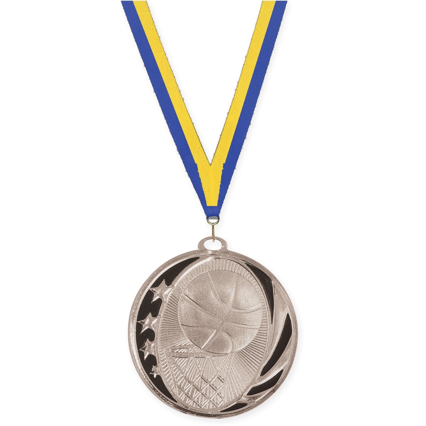 2 inch basketball MidNite Star medal in bright silver with Blue Yellow neck ribbon