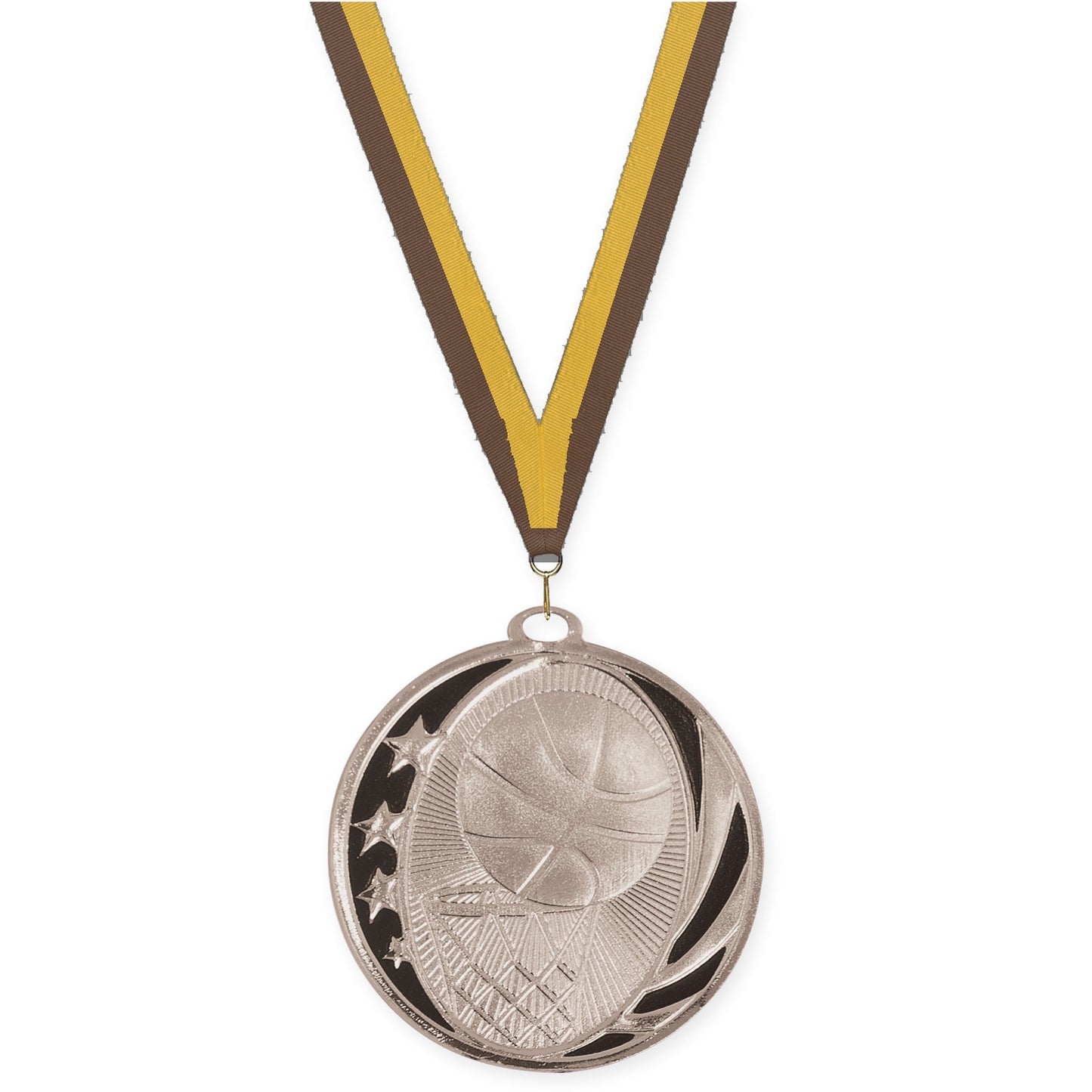 2 inch basketball MidNite Star medal in bright silver with Brown Gold neck ribbon