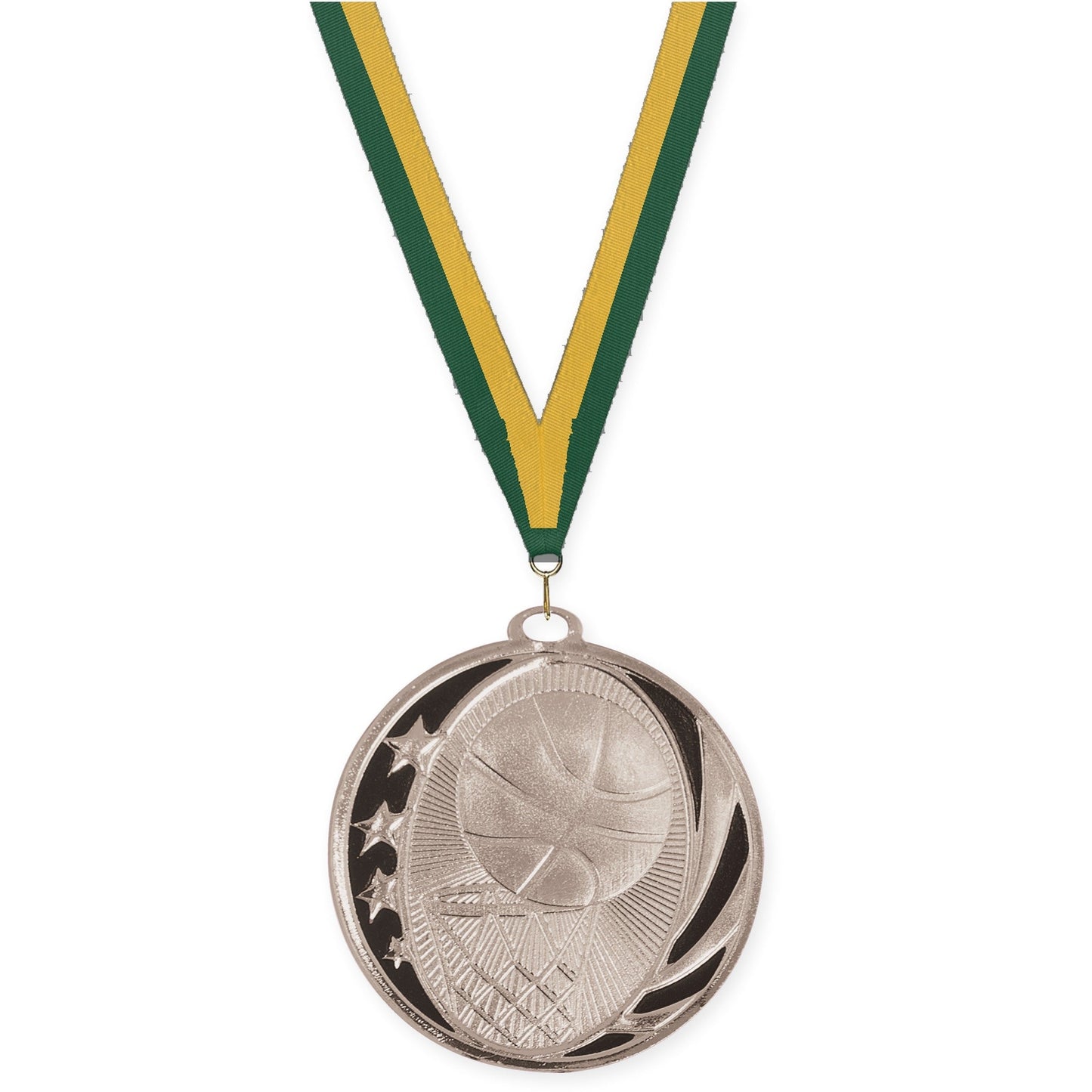 2 inch basketball MidNite Star medal in bright silver with Hunter Green Gold neck ribbon