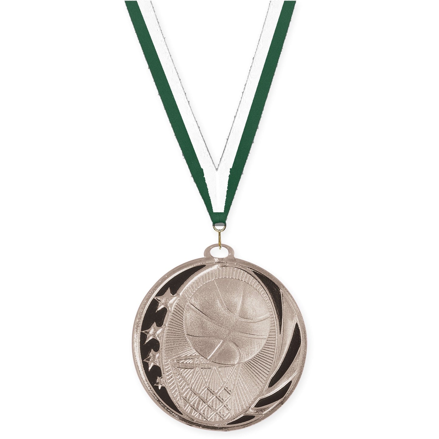 2 inch basketball MidNite Star medal in bright silver with Hunter Green White neck ribbon