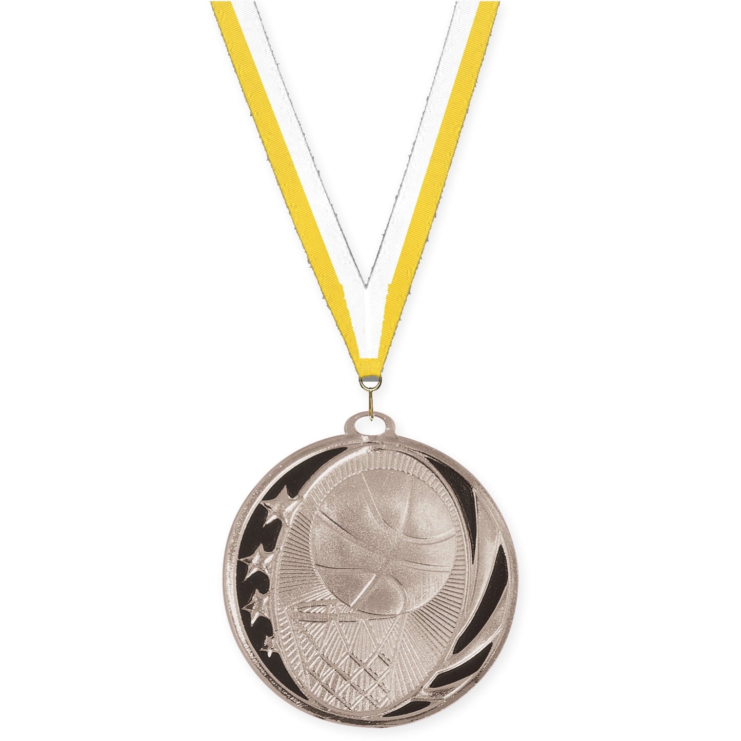 2 inch basketball MidNite Star medal in bright silver with Yellow White neck ribbon