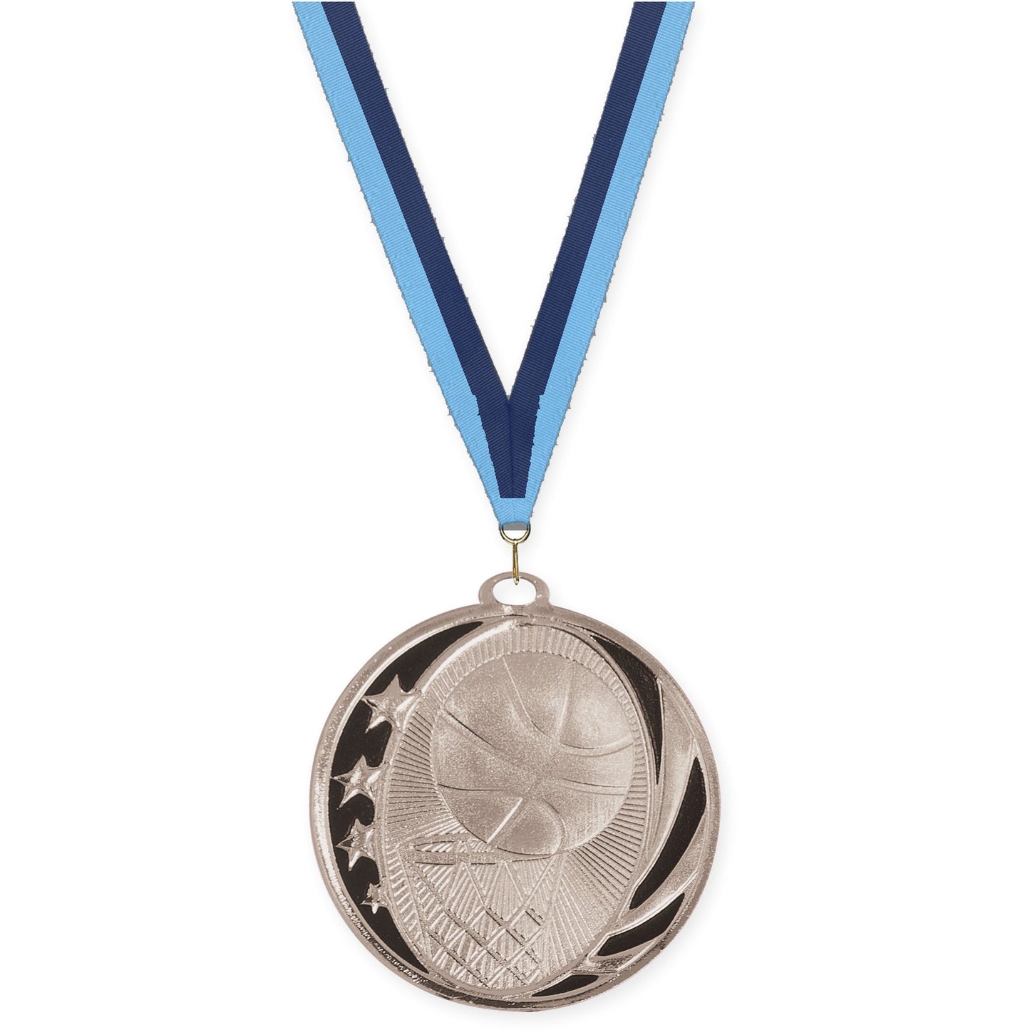 2 inch basketball MidNite Star medal in bright silver with Light Blue Navy neck ribbon